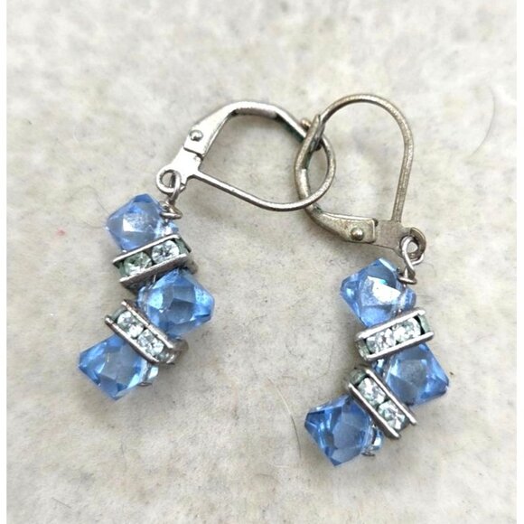 Aquamarine Colored Faceted Dangle Beaded Earrings With Crystal Accents - Picture 1 of 1